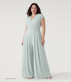 Plus Size V Neck Short Sleeve Pocket Wide Leg Flowy Waffle Casual Jumpsuit-Edition — Frost Clear Haze — view 1