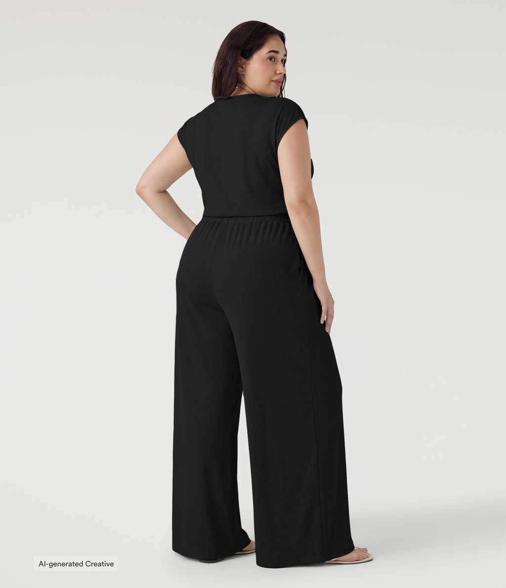 Plus Size V Neck Short Sleeve Pocket Wide Leg Flowy Waffle Casual Jumpsuit-Edition — Black — additional view
