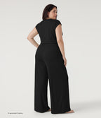 Plus Size V Neck Short Sleeve Pocket Wide Leg Flowy Waffle Casual Jumpsuit-Edition — Black — additional view