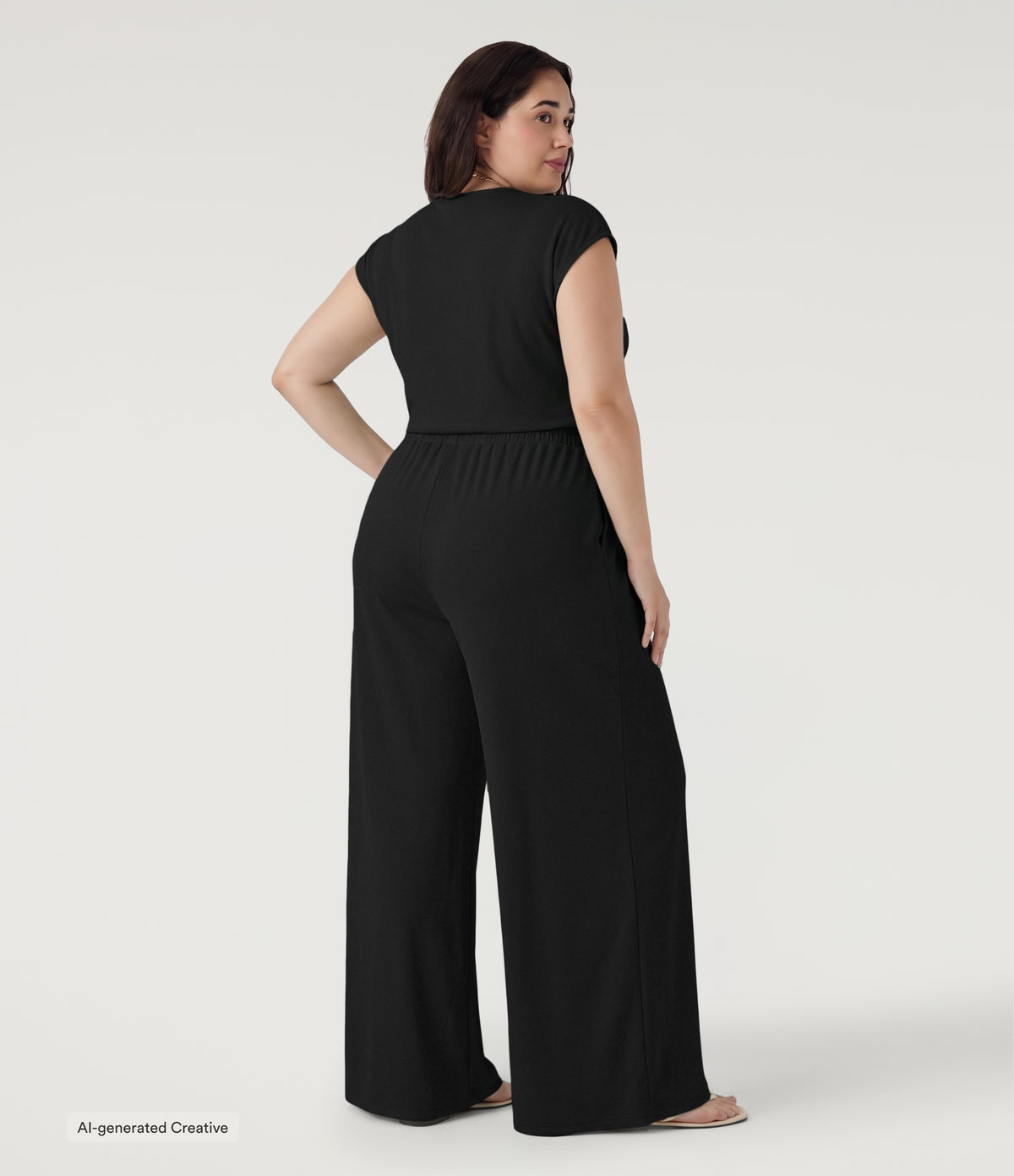 Plus Size V Neck Short Sleeve Pocket Wide Leg Flowy Waffle Casual Jumpsuit-Edition — Black — additional view