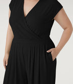 Plus Size V Neck Short Sleeve Pocket Wide Leg Flowy Waffle Casual Jumpsuit-Edition — Black — additional view