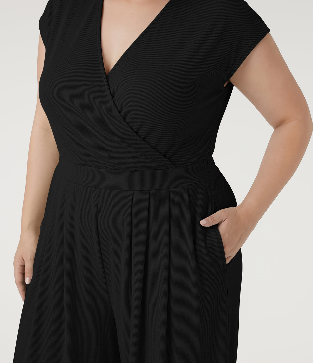Plus Size V Neck Short Sleeve Pocket Wide Leg Flowy Waffle Casual Jumpsuit-Edition — Black — additional view