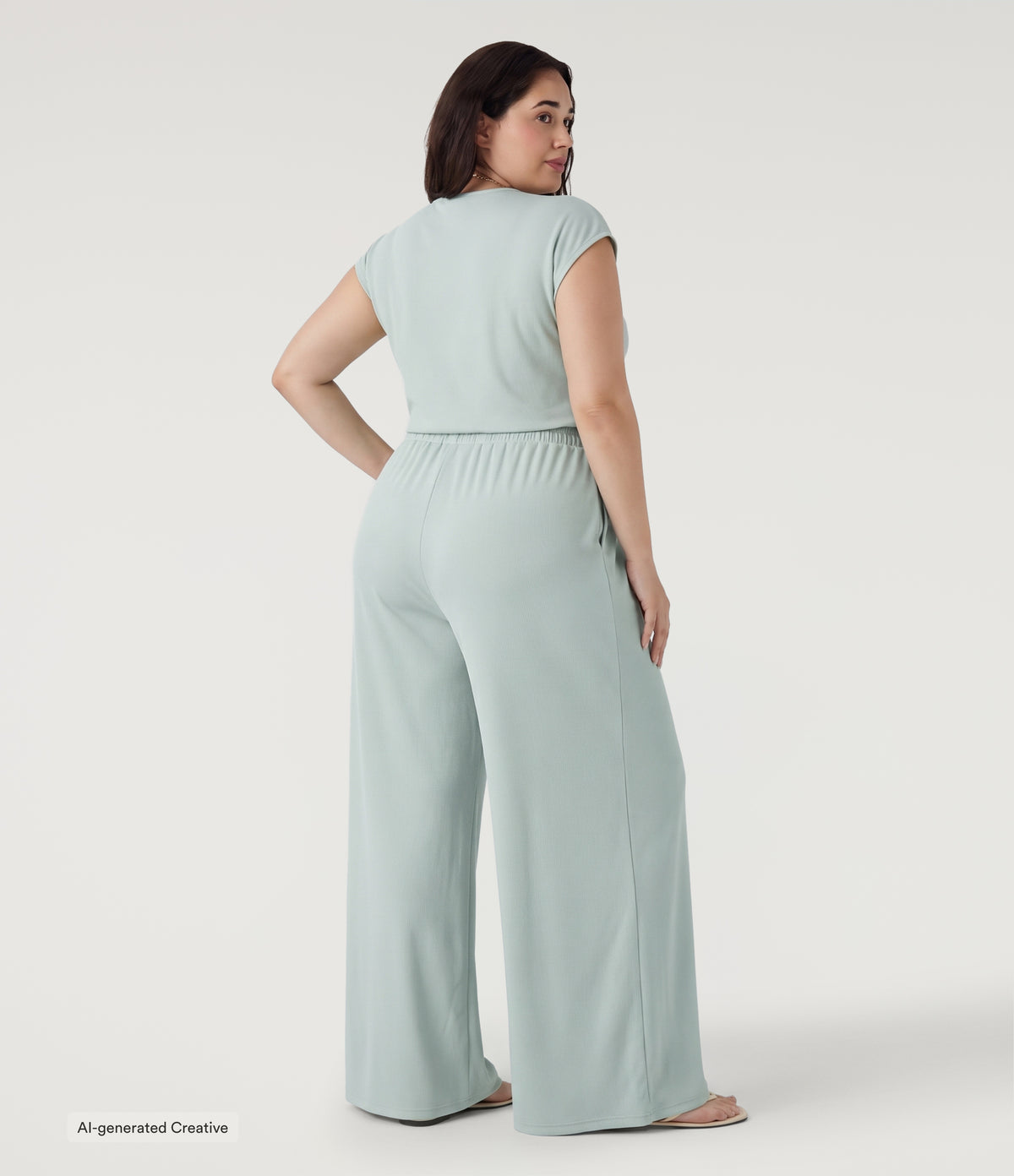 Plus Size V Neck Short Sleeve Pocket Wide Leg Flowy Waffle Casual Jumpsuit-Edition — Frost Clear Haze — view 2