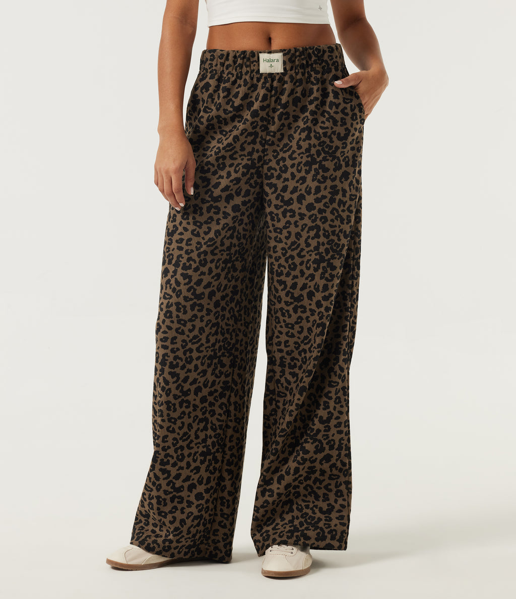 High Waisted Leopard Print Corduroy Casual Baggy Trousers with Pockets — Wildmark — view 1