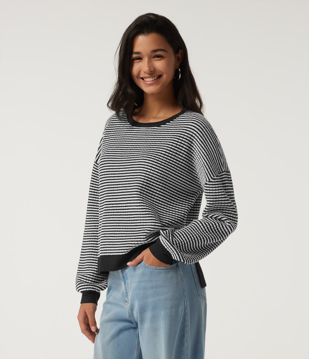 Round Neck Long Sleeve Stripe Waffle Casual Jumper — Black Rib Stripe — view 3