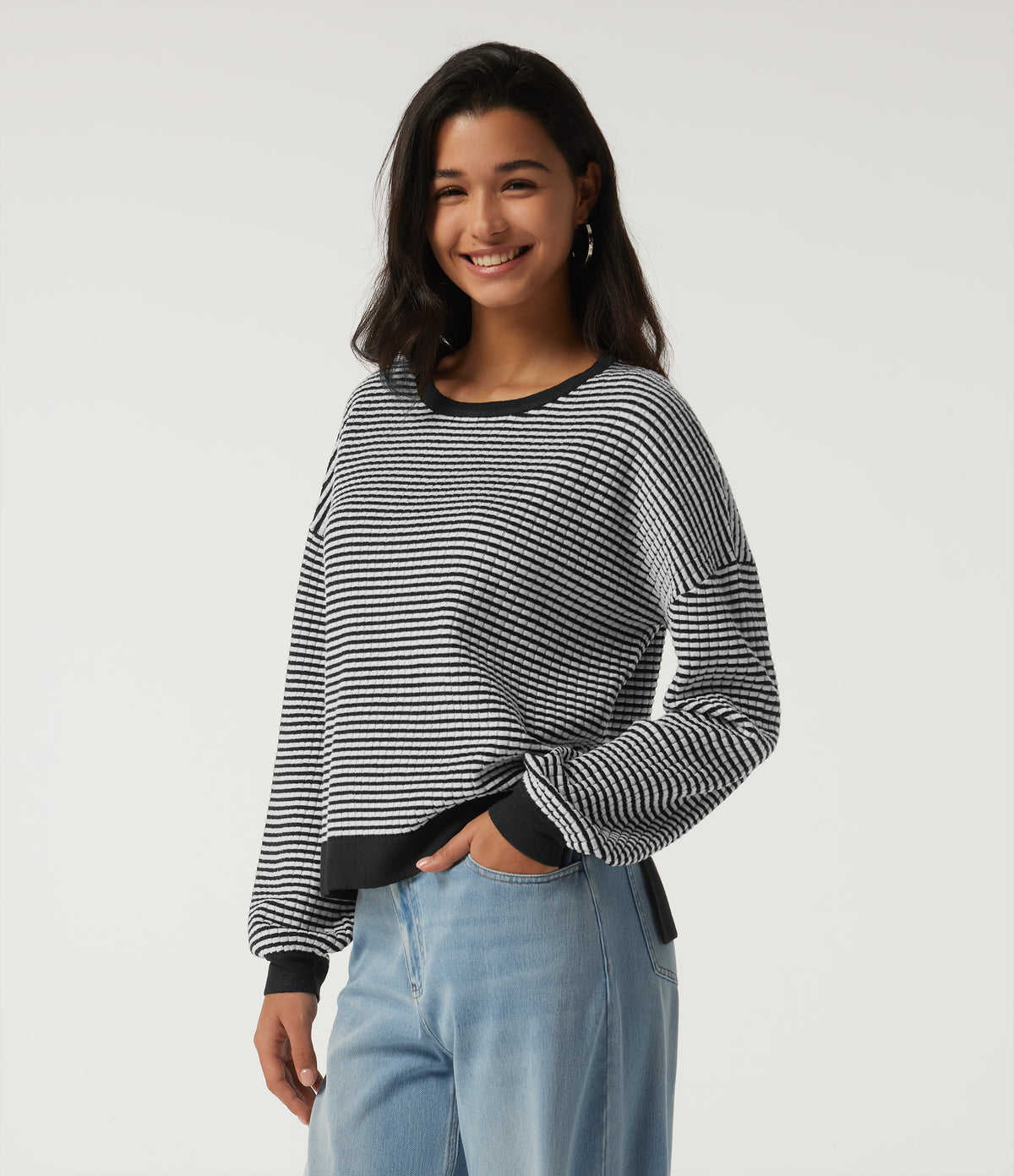 Round Neck Long Sleeve Stripe Waffle Casual Jumper — Black Rib Stripe — view 3