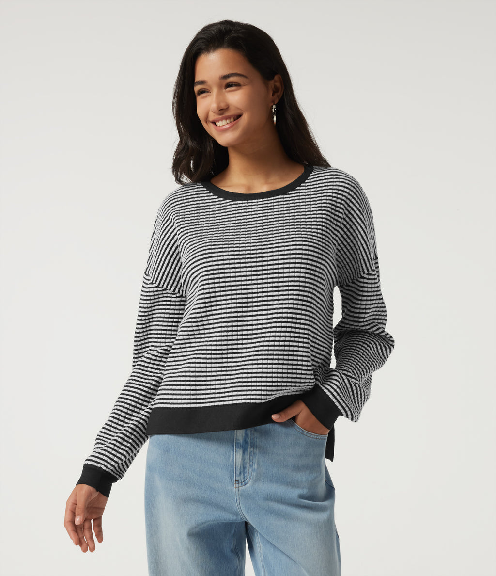 Round Neck Long Sleeve Stripe Waffle Casual Jumper — Black Rib Stripe — view 1