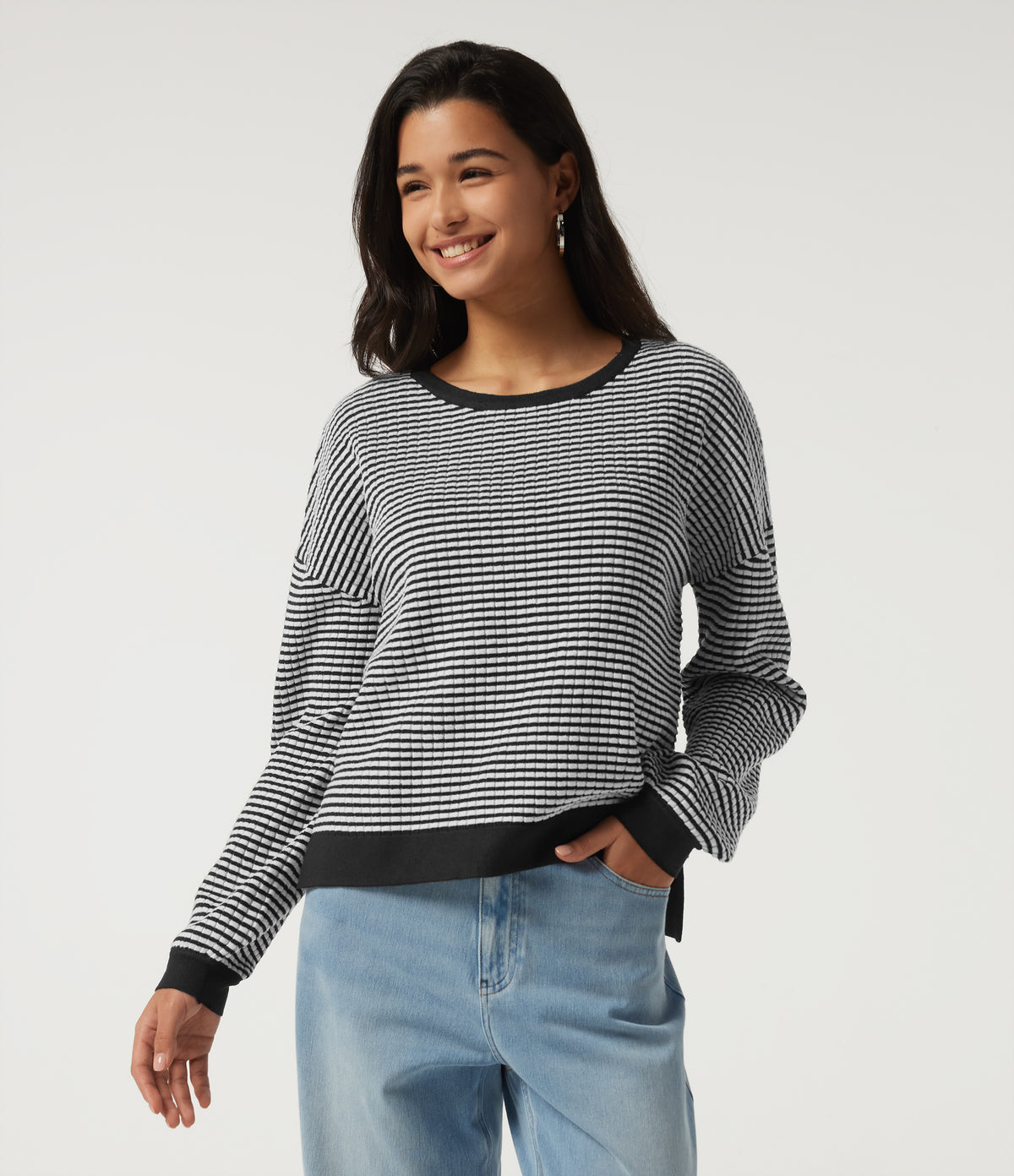 Round Neck Long Sleeve Stripe Waffle Casual Jumper — Black Rib Stripe — view 1