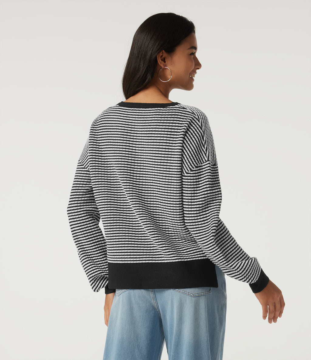 Round Neck Long Sleeve Stripe Waffle Casual Jumper — Black Rib Stripe — view 2