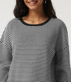 Round Neck Long Sleeve Stripe Waffle Casual Jumper — Black Rib Stripe — view 5