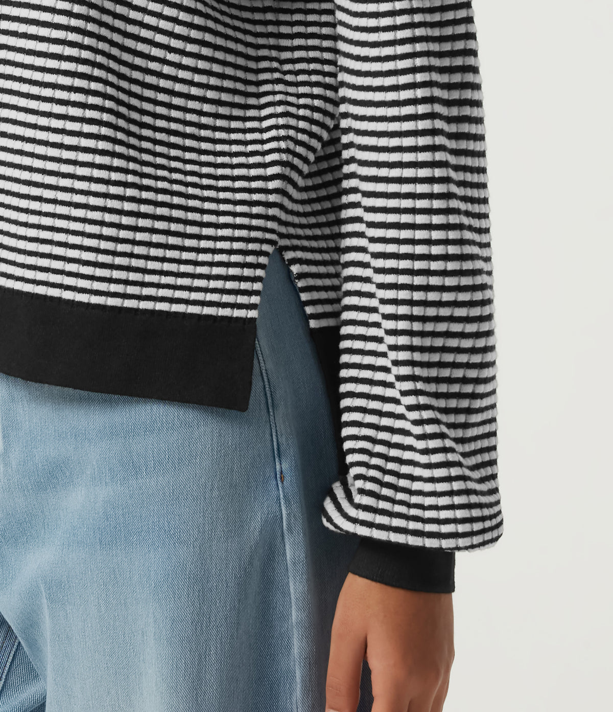 Round Neck Long Sleeve Stripe Waffle Casual Jumper — Black Rib Stripe — view 6