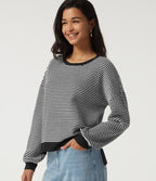 Round Neck Long Sleeve Stripe Waffle Casual Jumper — Black Rib Stripe — view 4