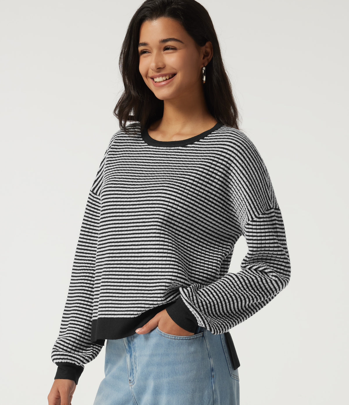 Round Neck Long Sleeve Stripe Waffle Casual Jumper — Black Rib Stripe — view 4
