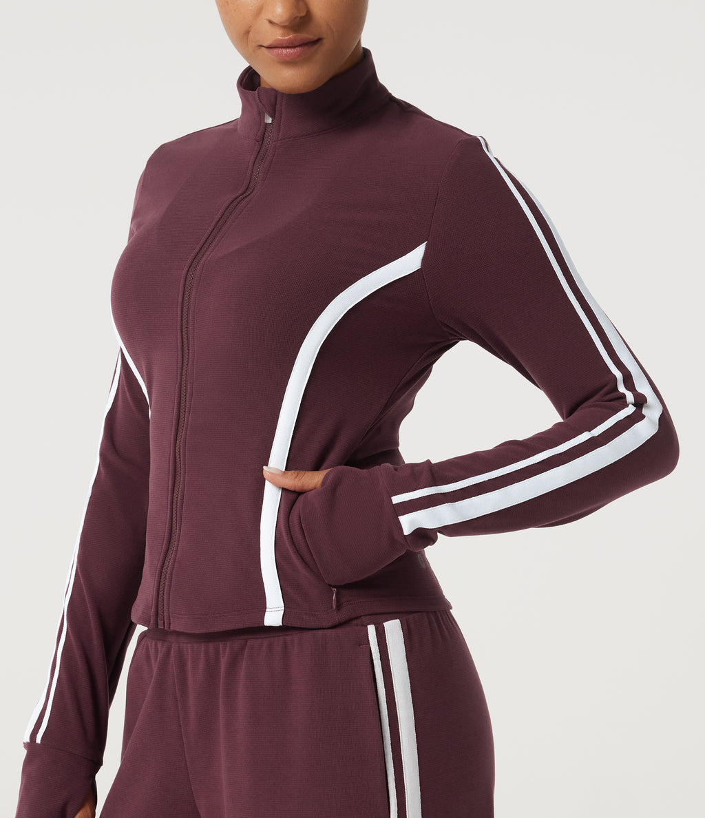 Mock Neck Long Sleeve Color Block Side Stripe Yoga Jacket with Pockets — Berry Red — view 5