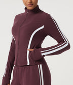 Mock Neck Long Sleeve Color Block Side Stripe Yoga Jacket with Pockets — Berry Red — view 5