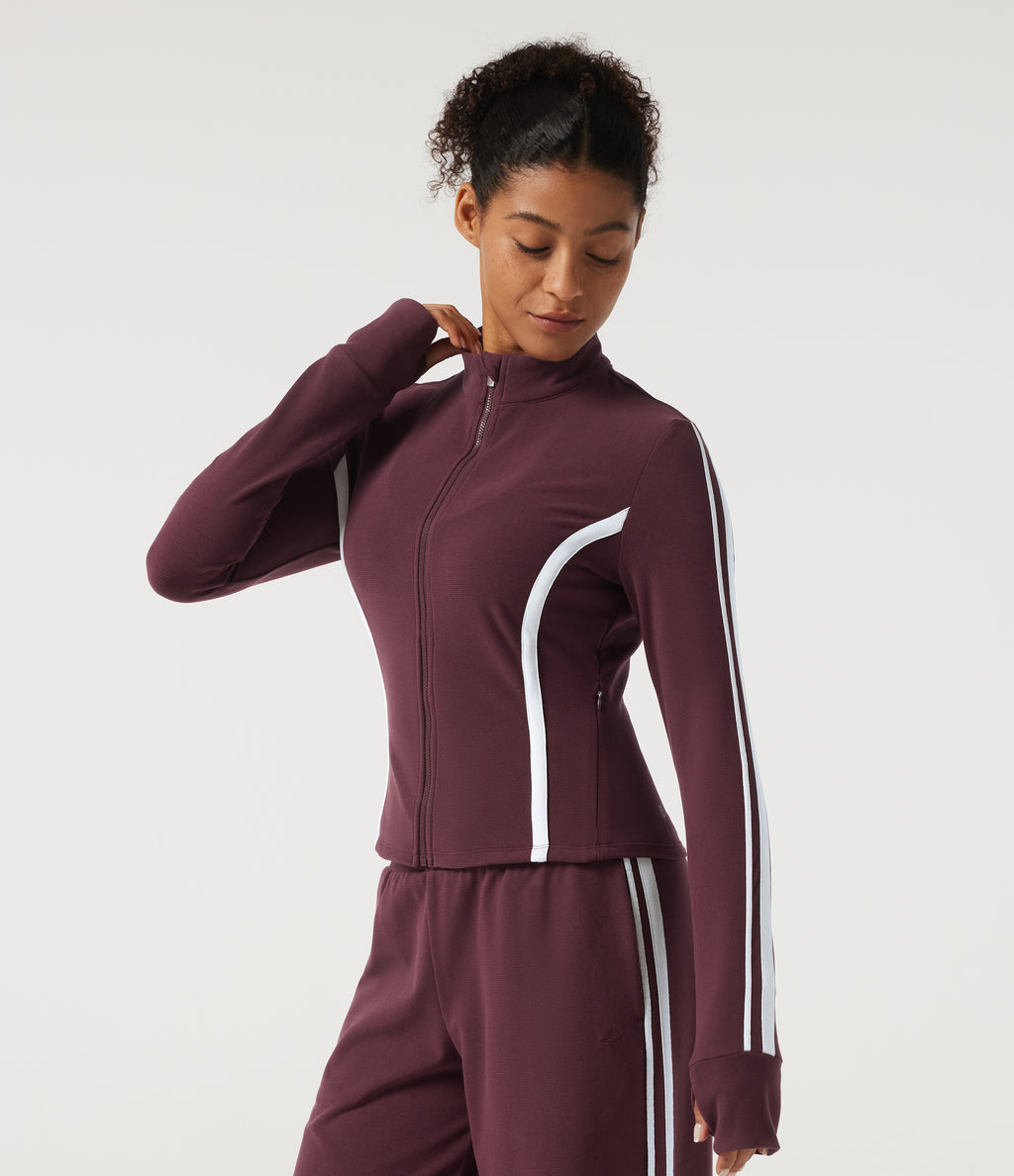 Mock Neck Long Sleeve Color Block Side Stripe Yoga Jacket with Pockets — Berry Red — view 1