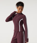 Mock Neck Long Sleeve Color Block Side Stripe Yoga Jacket with Pockets — Berry Red — view 1