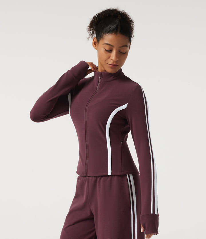 Mock Neck Long Sleeve Color Block Side Stripe Yoga Jacket with Pockets — Berry Red — view 1