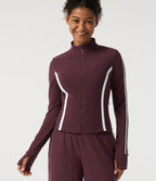 Mock Neck Long Sleeve Color Block Side Stripe Yoga Jacket with Pockets — Berry Red — view 4
