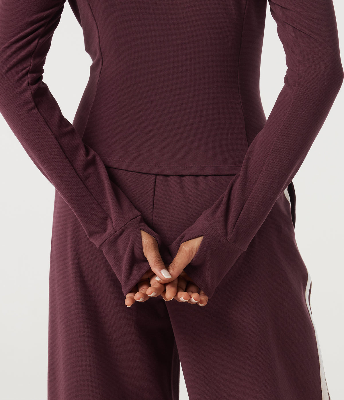 Mock Neck Long Sleeve Color Block Side Stripe Yoga Jacket with Pockets — Berry Red — view 6