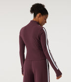 Mock Neck Long Sleeve Color Block Side Stripe Yoga Jacket with Pockets — Berry Red — view 2