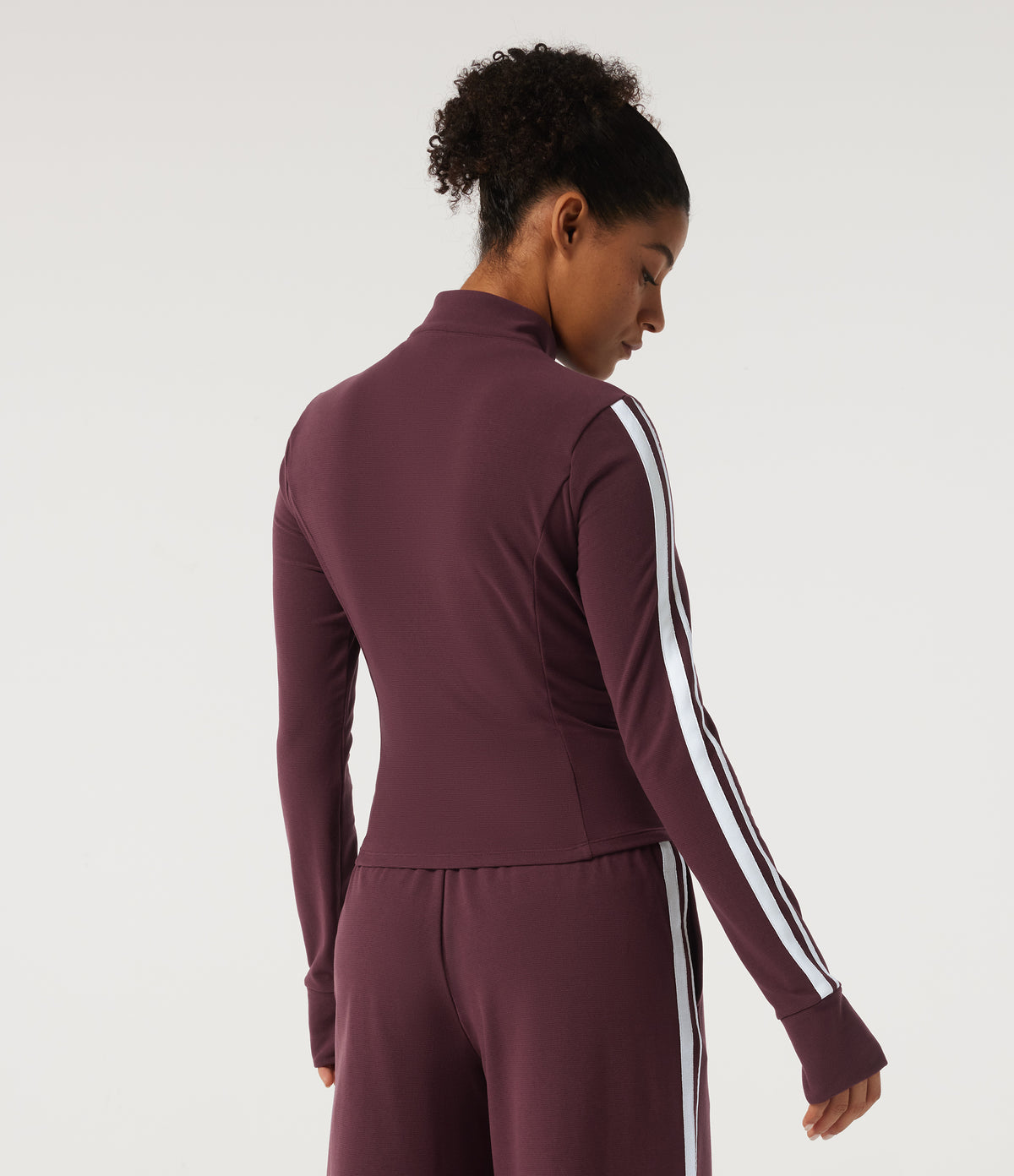 Mock Neck Long Sleeve Color Block Side Stripe Yoga Jacket with Pockets — Berry Red — view 2