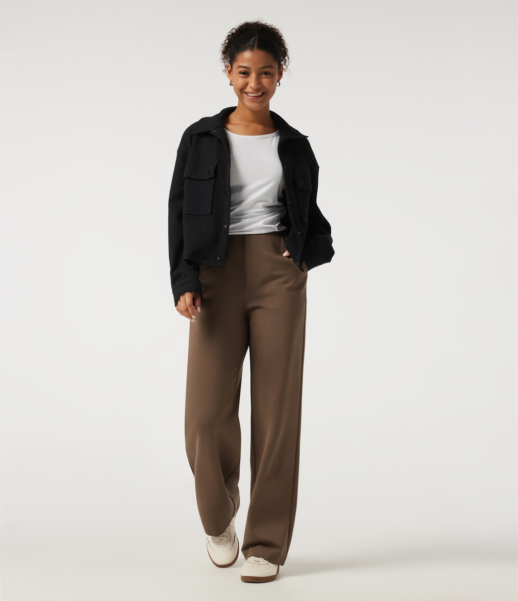 High Waisted Straight Leg Work Trousers with Pockets — Cocoa Brown — view 7