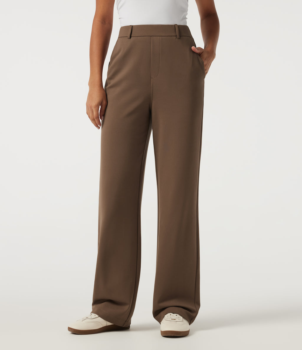 High Waisted Straight Leg Work Trousers with Pockets — Cocoa Brown — view 3