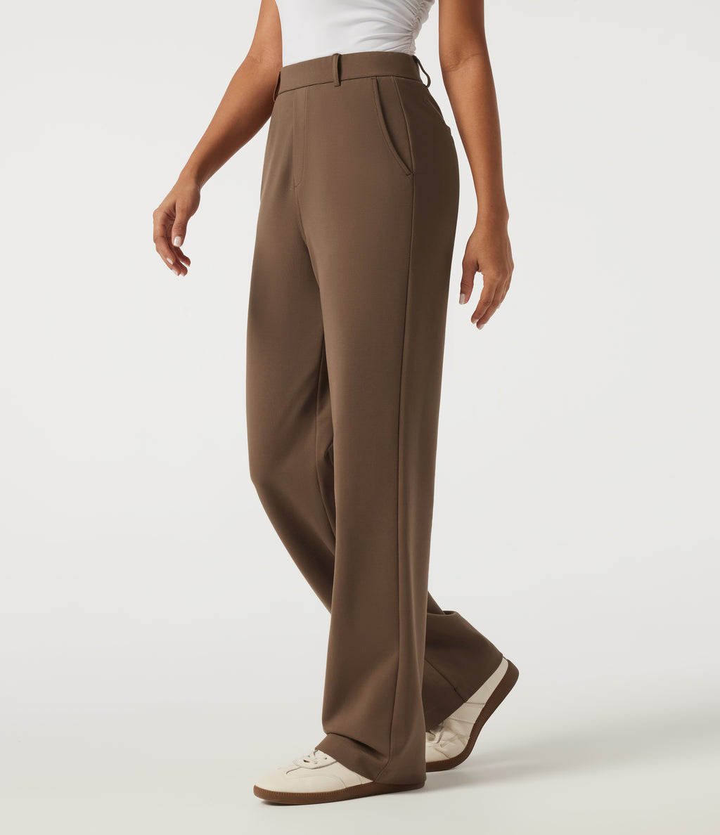 High Waisted Straight Leg Work Trousers with Pockets — Cocoa Brown — view 1