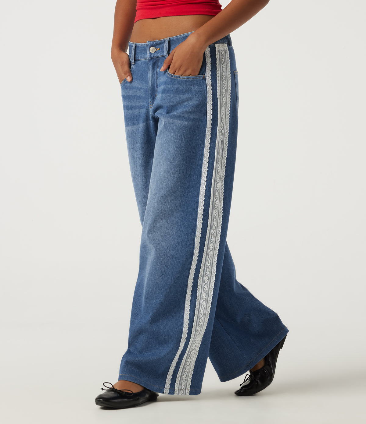 Low Rise Baggy Contrast Lace Casual Jeans with Pockets — Tide Blue Denim — view 1