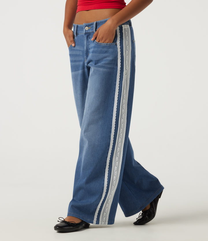 Low Rise Baggy Contrast Lace Casual Jeans with Pockets — Tide Blue Denim — view 1