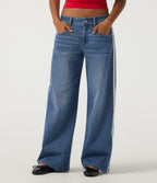 Low Rise Baggy Contrast Lace Casual Jeans with Pockets — Tide Blue Denim — view 3