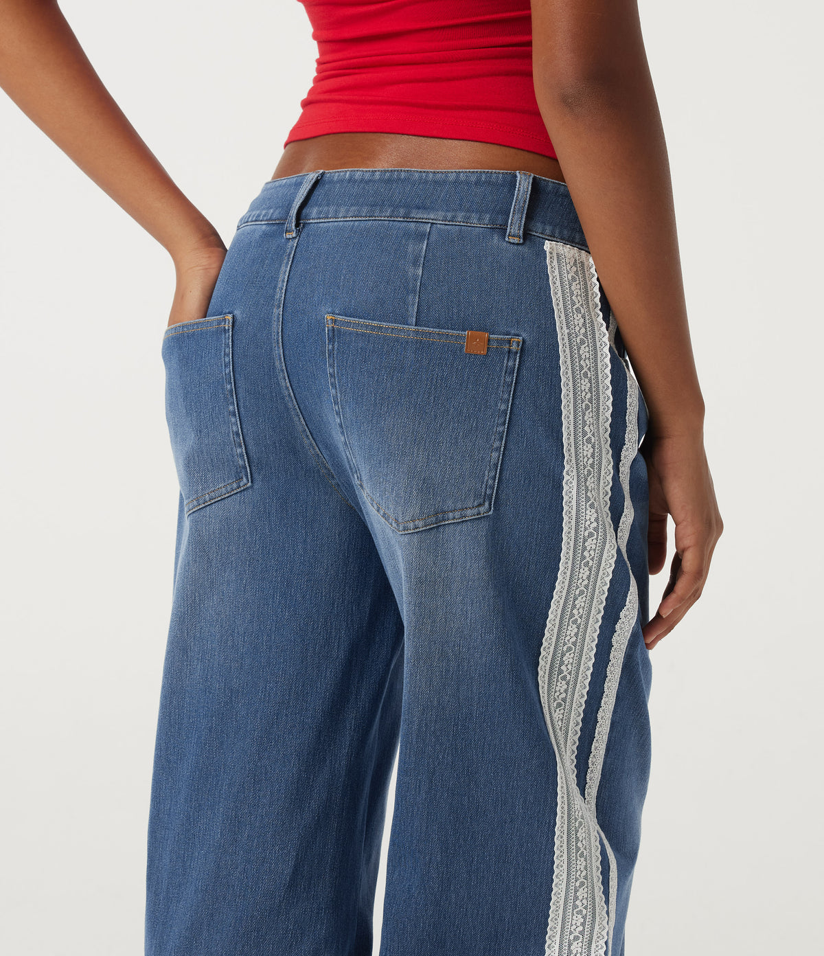 Low Rise Baggy Contrast Lace Casual Jeans with Pockets — Tide Blue Denim — view 5