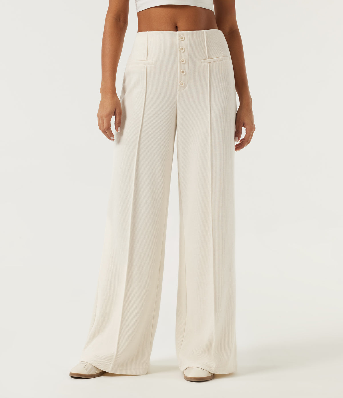 Ribbed Knit Mid Rise Wide Leg Pintuck Casual Pants — Jet Stream — view 1