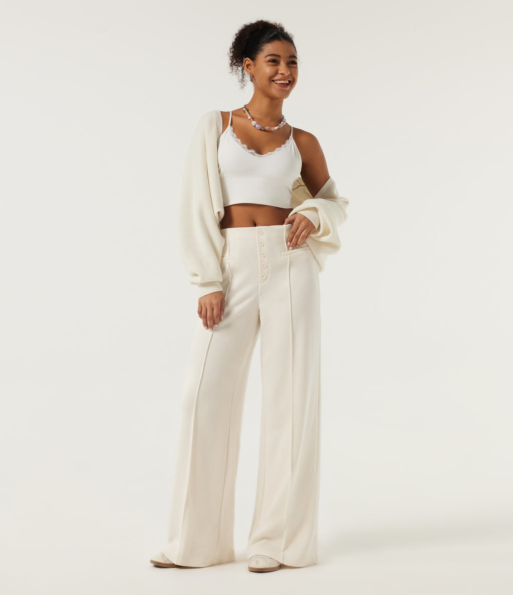 Ribbed Knit Mid Rise Wide Leg Pintuck Casual Pants — Jet Stream — view 6