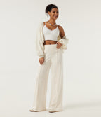 Ribbed Knit Mid Rise Wide Leg Pintuck Casual Pants — Jet Stream — view 6