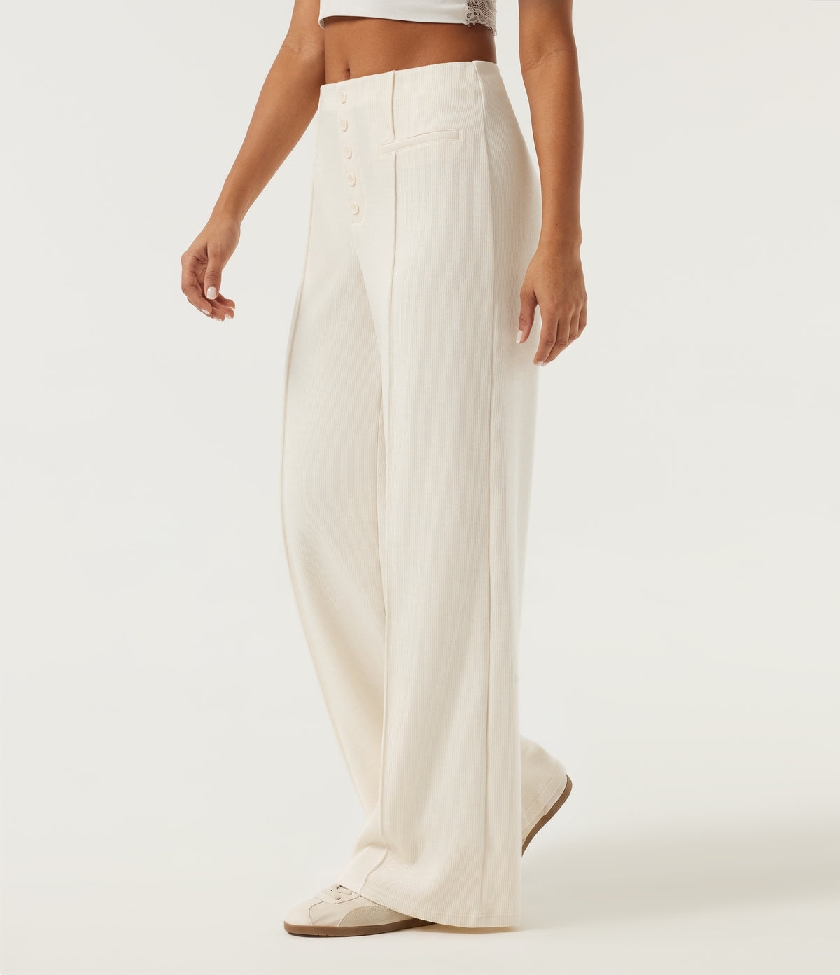 Ribbed Knit Mid Rise Wide Leg Pintuck Casual Pants — Jet Stream — view 3