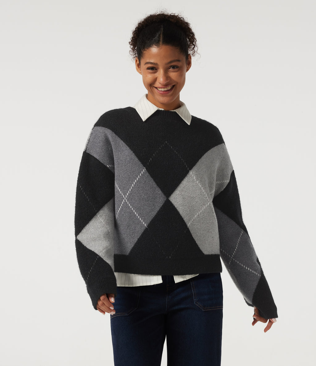 Round Neck Long Sleeve Plaid Casual Jumper — Winter Argyle — view 1
