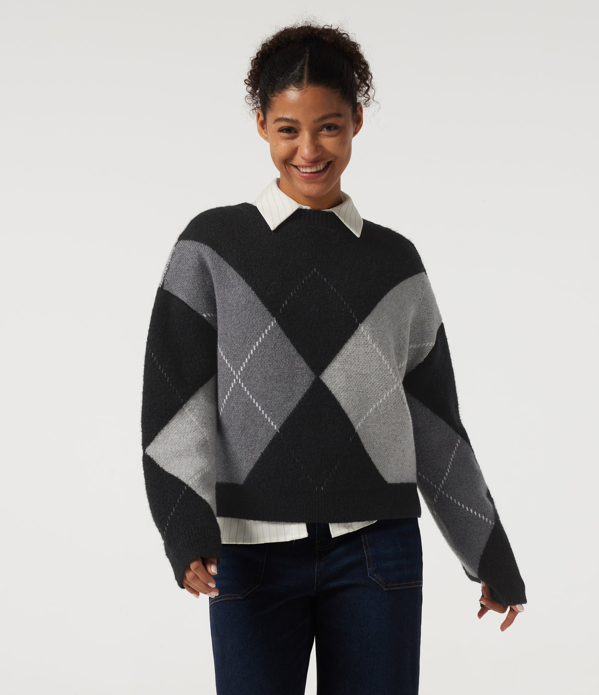 Round Neck Long Sleeve Plaid Casual Jumper — Winter Argyle — view 1