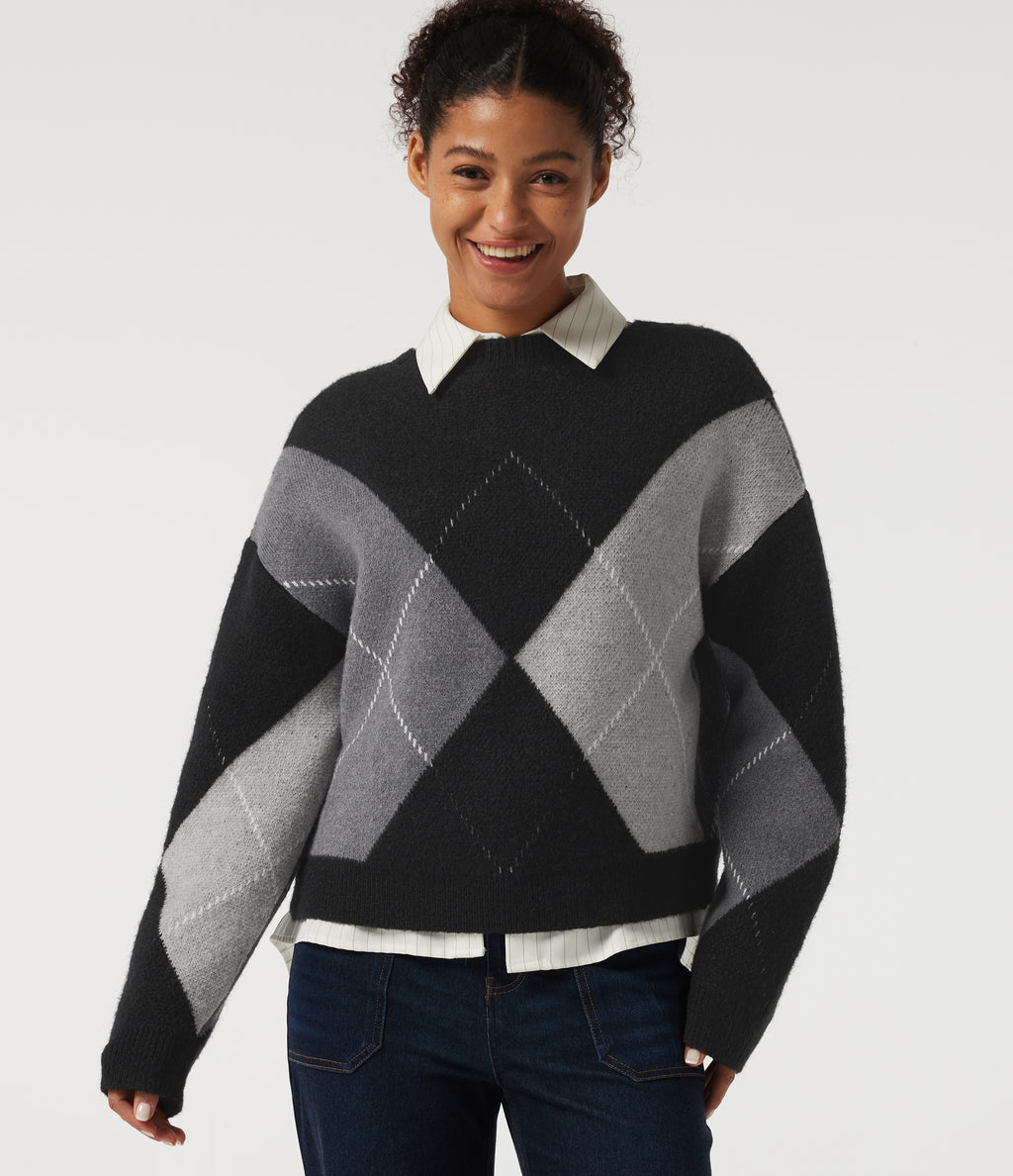 Round Neck Long Sleeve Plaid Casual Jumper — Winter Argyle — view 5
