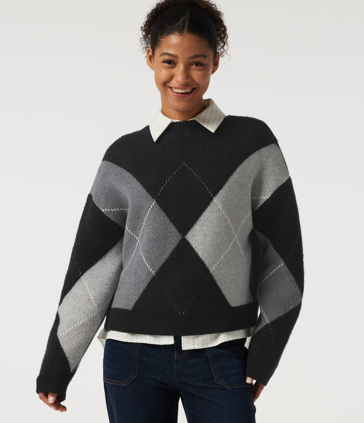 Round Neck Long Sleeve Plaid Casual Jumper — Winter Argyle — view 5