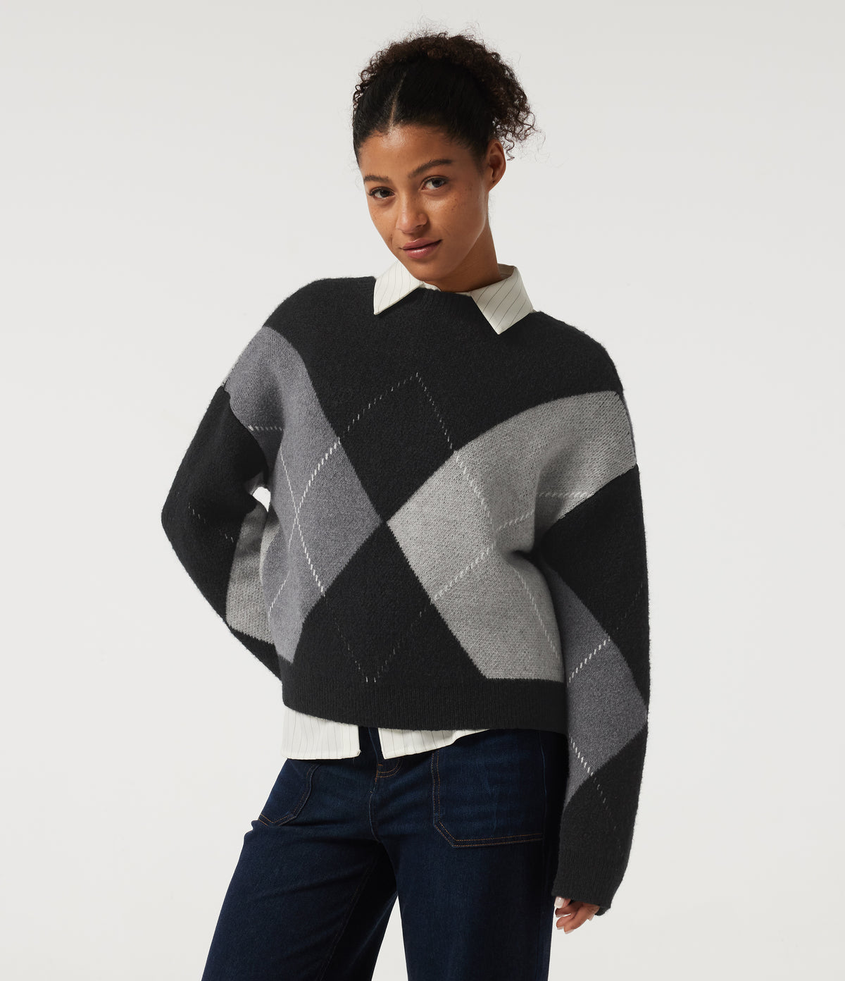 Round Neck Long Sleeve Plaid Casual Jumper — Winter Argyle — view 3
