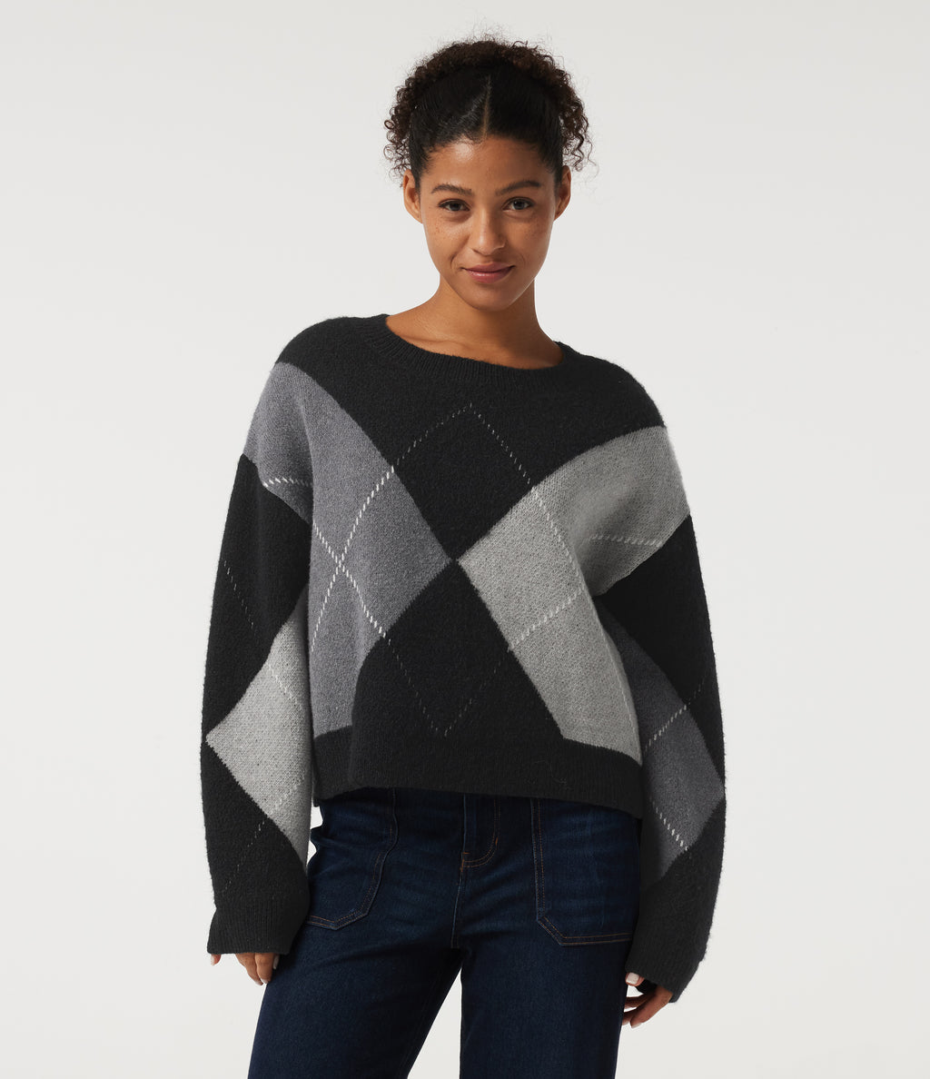 Round Neck Long Sleeve Plaid Casual Jumper — Winter Argyle — view 4