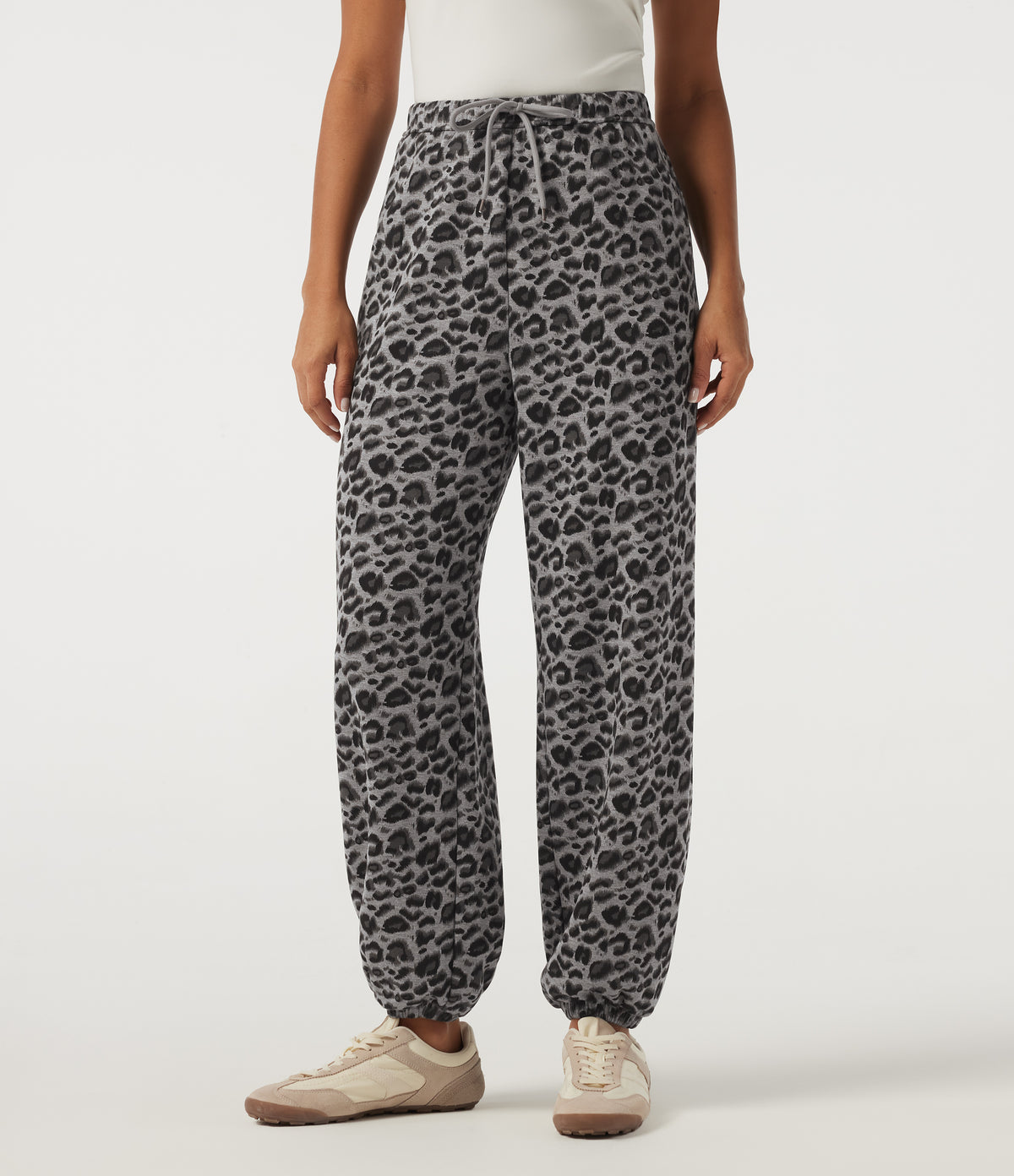 High Waisted Drawstring Leopard Print Casual Sweatpants with Pockets — Silver Leopard Print — view 1