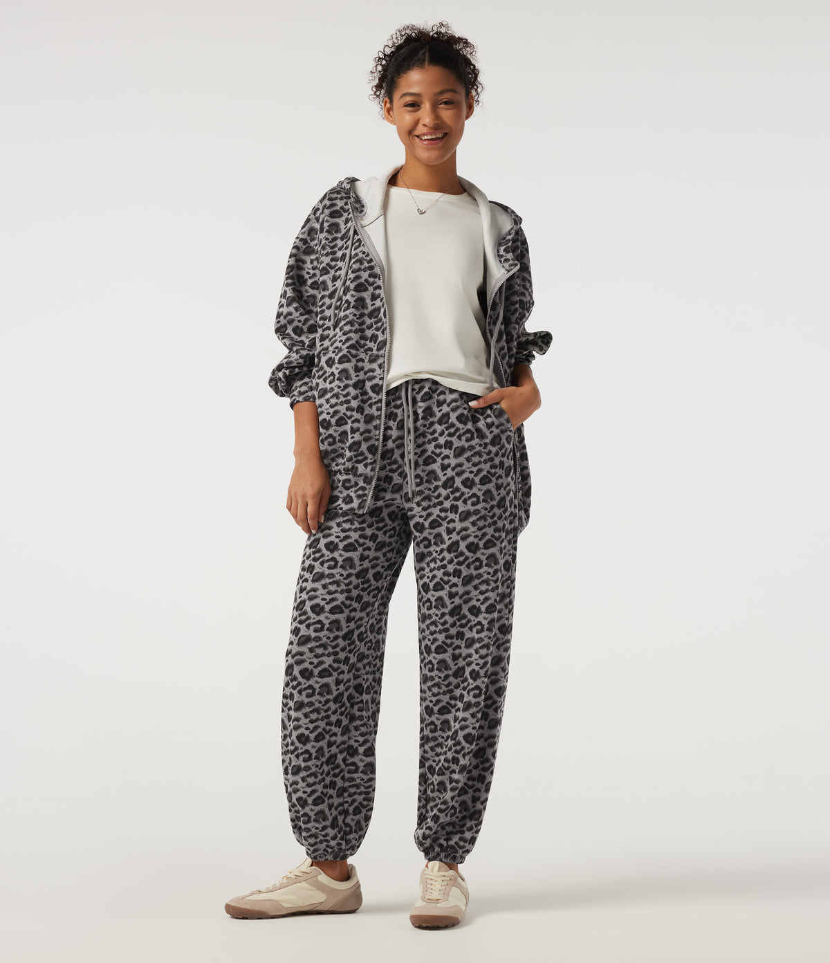 High Waisted Drawstring Leopard Print Casual Sweatpants with Pockets — Silver Leopard Print — view 8