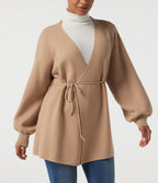V Neck Long Sleeve Longline Belted Work Cardigan — Lattè — view 6