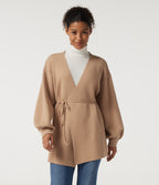 V Neck Long Sleeve Longline Belted Work Cardigan — Lattè — view 1