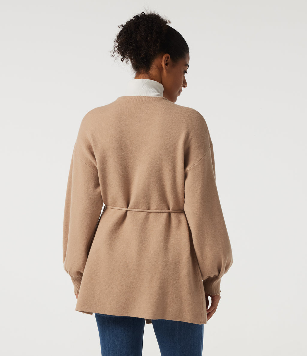 V Neck Long Sleeve Longline Belted Work Cardigan — Lattè — view 2