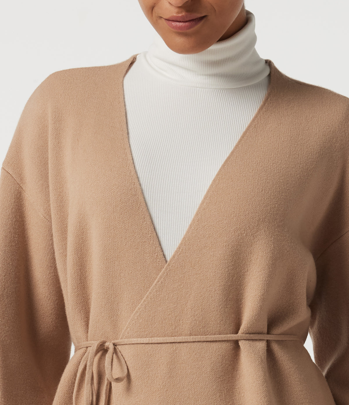 V Neck Long Sleeve Longline Belted Work Cardigan — Lattè — view 7