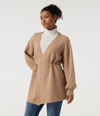 V Neck Long Sleeve Longline Belted Work Cardigan — Lattè — view 3